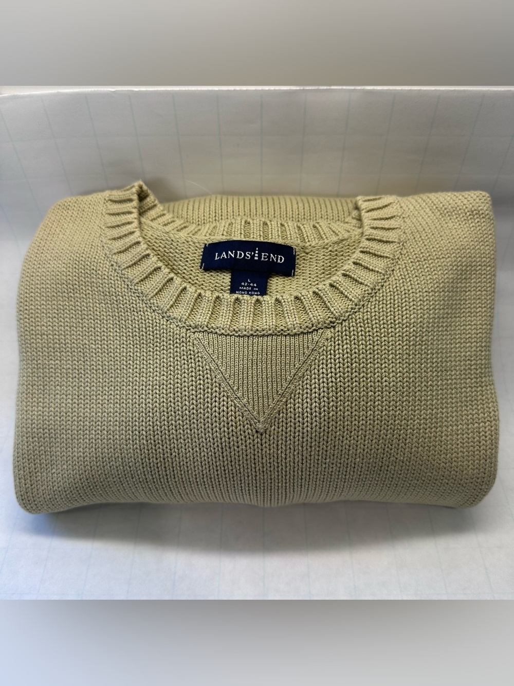 Lands End Mens L 42-44 Heavyweight Knit Cotton Crewneck Sweater Oatmeal Tan Y2K